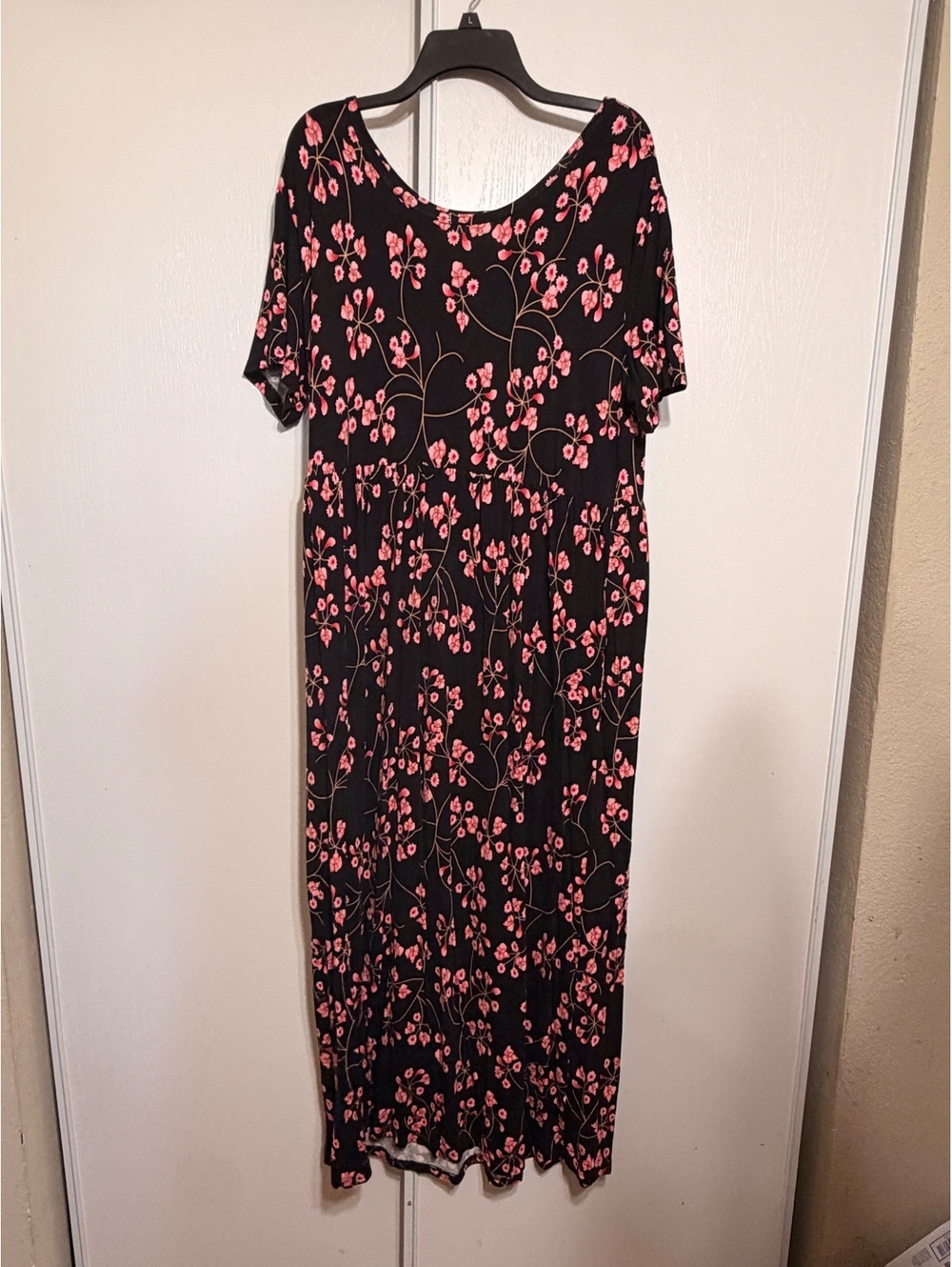 Longyuan 3XL Black Pink Floral Maxi Dress Plus Size Short Sleeve Stretch Boho